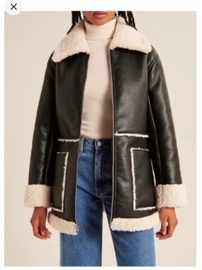 NWOT Abercrombie & Fitch Black Faux Leather Puffer Coat with Cream Sherpa Trim